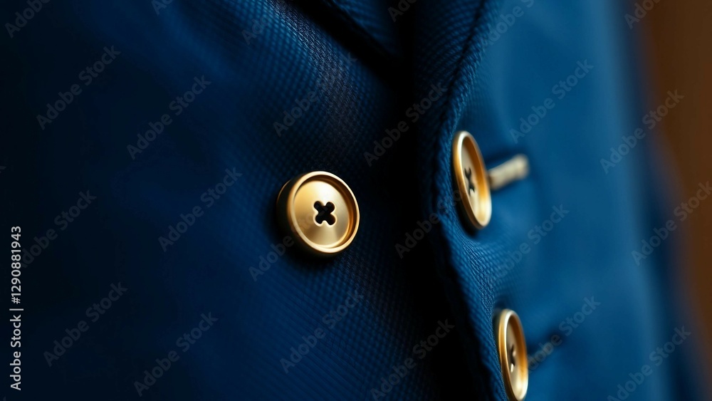 Close-up of a textured blue fabric with golden buttons A detail shot showcasing fine tailoring and m Close-up of a textured blue fabric with golden buttons A detail shot showcasing fine tailoring and m