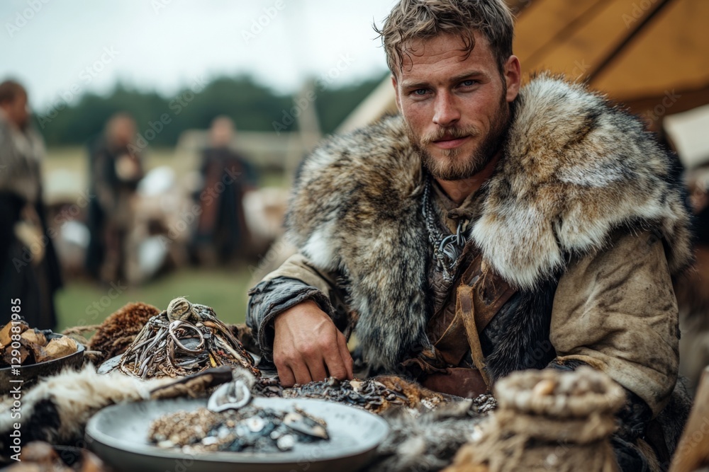 Obraz premium Viking merchant displays handmade jewelry and trinkets at a historical reenactment event in a forest setting