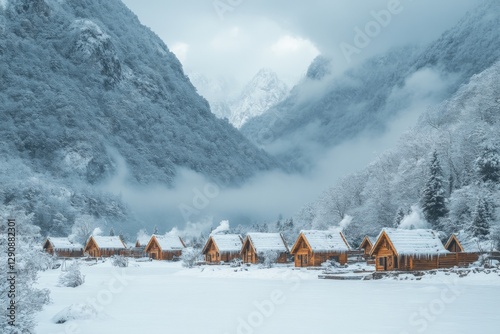 Wallpaper Mural Tranquil winter landscape featuring wooden cottages nestled in a snow-covered valley during overcast conditions Torontodigital.ca
