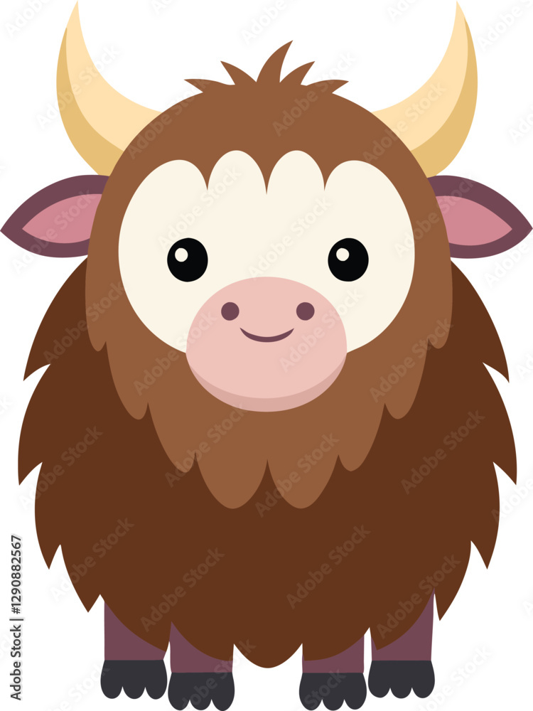 Fototapeta premium Adorable Yak in Cartoon: A cheerful cartoon representation of a yak, showcasing its characteristic horns, fluffy coat, and friendly expression, perfect for conveying a sense of warmth and playfulness.