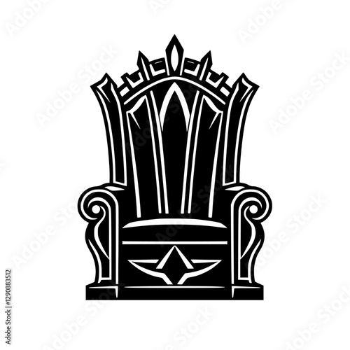Black and white graphic illustration of a medieval throne, depicting a heavily stylized representation of royalty.
