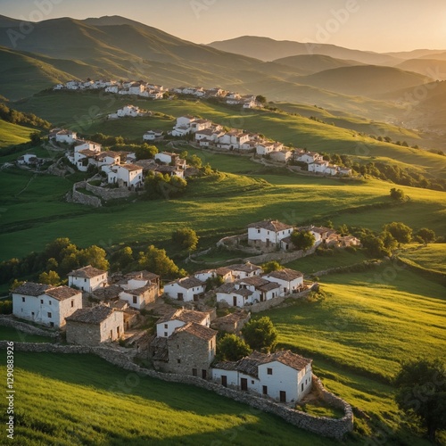 A mountain village with white stone houses, rolling green hills, and a stunning sunrise.
