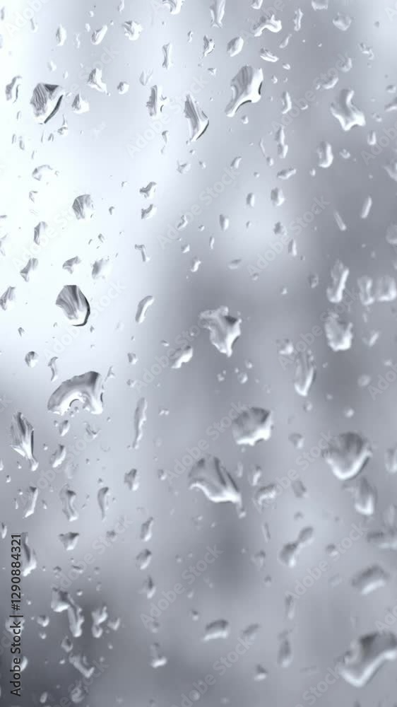 Vertical macro close-up of raindrops on window glass on a rainy grey day