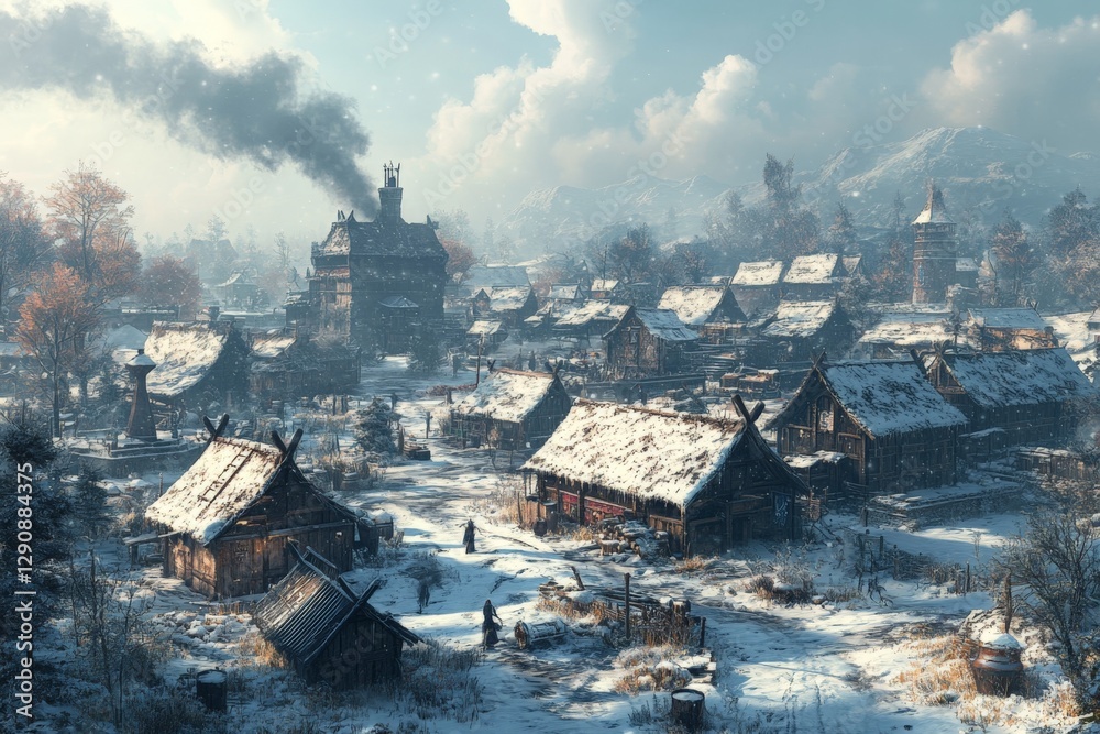 Fototapeta premium Winter village nestled in the mountains during a serene snowy morning with smoke rising from chimneys