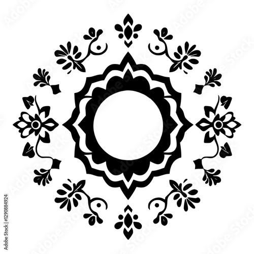 Black and white symmetrical design with floral elements in a circular configuration against a white background, creating a visually appealing and symmetrical composition.