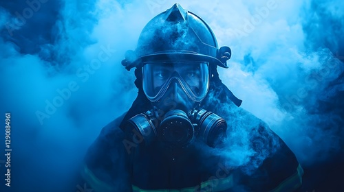 Fearless firefighter wearing a gas mask prepared for intense firefighting situations to safeguard lives and health