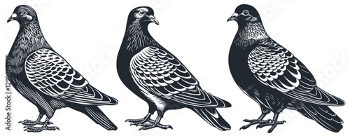 Vector illustration of three pigeons in a black-and-white woodcut style. Each bird is depicted with intricate feather details.