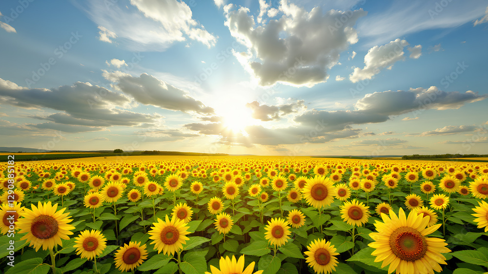 Fototapeta premium A bright sunflower field under a clear blue sky