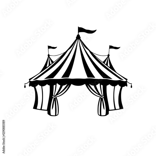Black-and-white illustration of a circus tent, featuring striped canopy and flags, set against a white background.