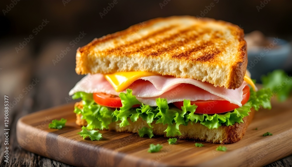 Gourmet sandwich, toasted bread, melted cheese, ripe tomatoes, wooden cutting board Gourmet sandwich, toasted bread, melted cheese, ripe tomatoes, wooden cutting board