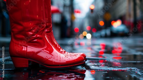 A pair of vibrant red boots with a glossy finish placed next to a city sidewalk. --ar 169 --v 6.0 - Upscaled (Subtle) by @feroz (relaxed)