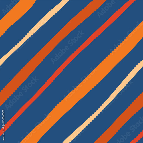 Hand drawn diagonal stripes vector seamless pattern. Modern minimal geometric repeat design. Colorful bright wobbly stripes with varying width on dark blue background. Simple fun geometric tile