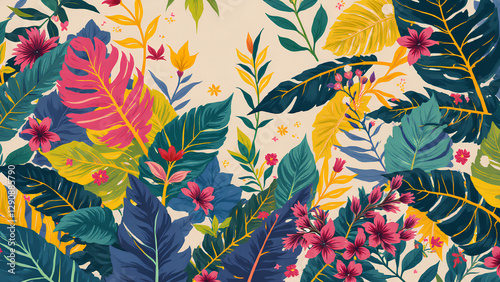 Colorful abstract background with leaves and feathers in a seamless floral pattern