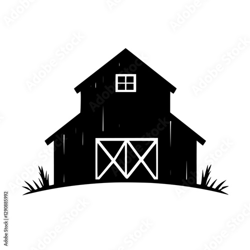 Black and white barn illustration on white background.
