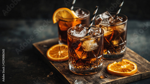 cocktails different sizes and shapes of glasses with straws, ice and fruits on a black background. Alcoholic drinks on an old wooden table close up. Drink on a shabby brown board.