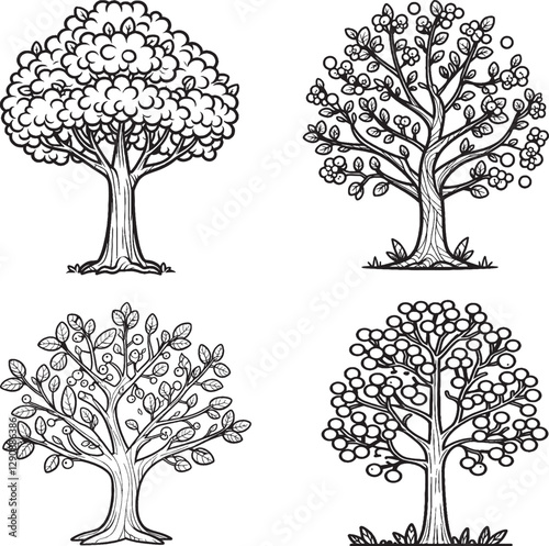 Hand-Drawn Tree and Flowers - Botanical Line Art Collection
