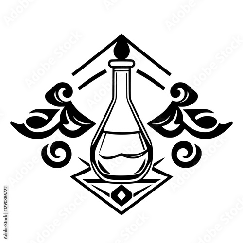 Stylized lab flask with a symmetrical black and white pattern.