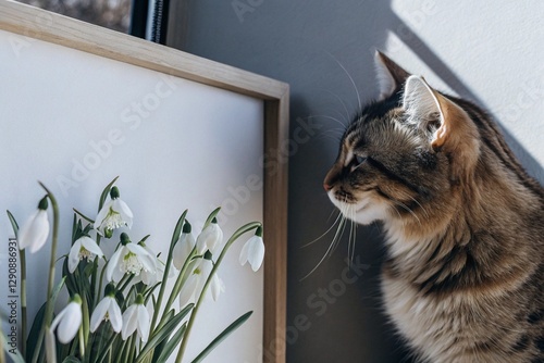 Cat looking at flowers in a frame