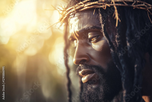 A serene close-up of Black Jesus wearing a crown of thorns, bathed in golden light. His contemplative gaze reflects strength, love, and sacrifice, symbolizing divine grace and redemption.