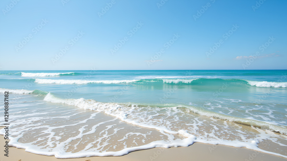 Tropical beach with blue sea and waves under a sunny sky Tropical beach with blue sea and waves under a sunny sky
