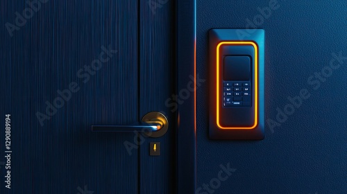 Modern digital door lock with illuminated keypad on a dark wooden door.