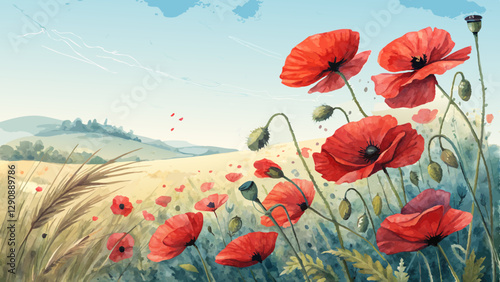 Watercolor background with poppy fields, bright red poppies dancing in the wind against a soft blue sky, bold and bright, copy space