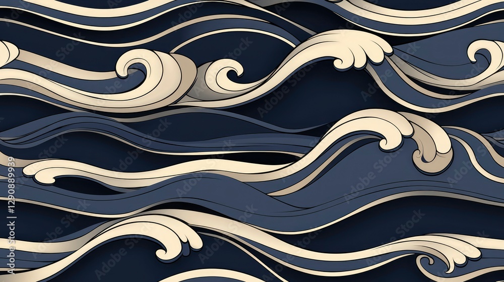 Fototapeta premium Seamless Pattern of Stylized Ocean Waves in Blue and Beige Tones