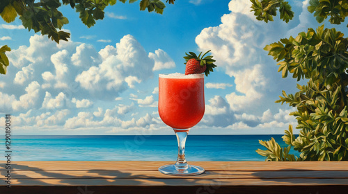 Strawberry daiquiri and cocktail Drink in Glass on wood Table with View Sea and blue Sky.