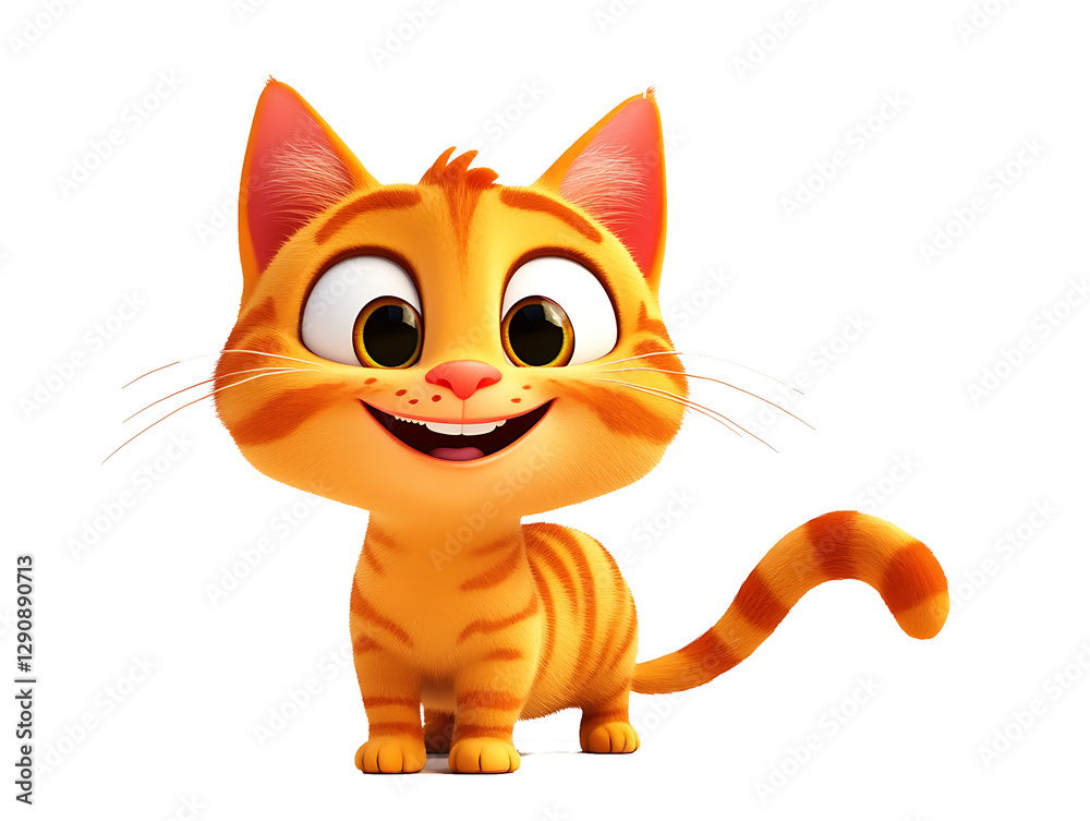 A cute orange cat, with a happy expression, against a white background