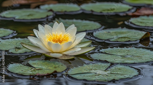 White Water Lily Blooming in a Pond