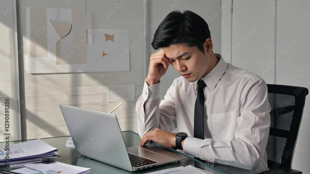 A stressed asian businessman in a white shirt checks his watch, worried about tight deadlines. Concept of time pressure, office anxiety, and professional urgency. A stressed asian businessman in a white shirt checks his watch, worried about tight deadlines. Concept of time pressure, office anxiety, and professional urgency.