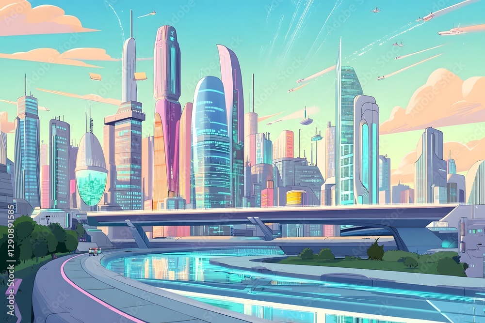 Fototapeta premium Futuristic Cityscape with Elevated Roads and Skyscrapers Reflecting in the Water