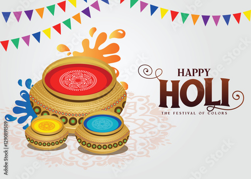 Happy holi festival typography on mandala background design with abir, pichkari, color splash and water flags.