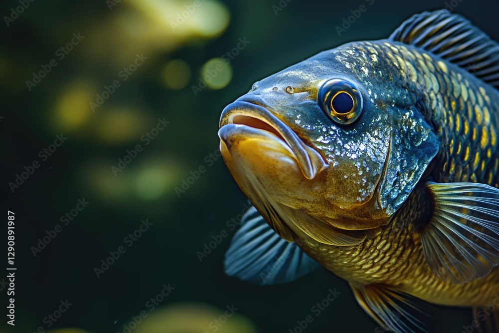 A clear image of a fish's face with blurred surroundings A clear image of a fish's face with blurred surroundings