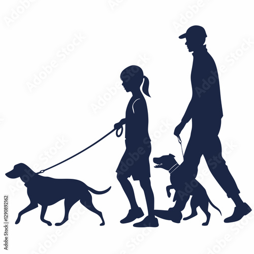 Vector silhouette of a family walking dogs on leashes against a white background
Bond, Scene, Recreation, Journey, Relaxation, Freedom, Fun, Love, Happiness, Happiness, Togetherness, Exploration.