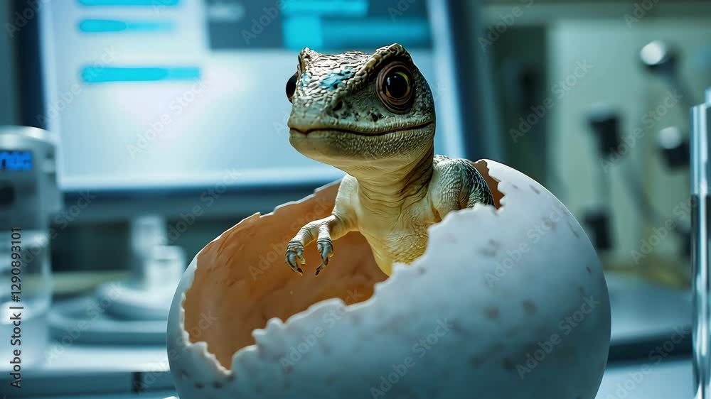 A tiny baby dinosaur hatching from an egg in a modern laboratory. The eggshell cracked open and the little dinosaur peeking out	