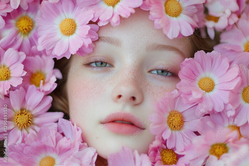 A young girl smiling with freckles, surrounded by bright pink flowers A young girl smiling with freckles, surrounded by bright pink flowers