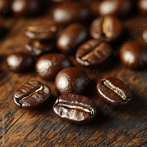 Roasted coffee beans resting on a rustic wooden surface photo