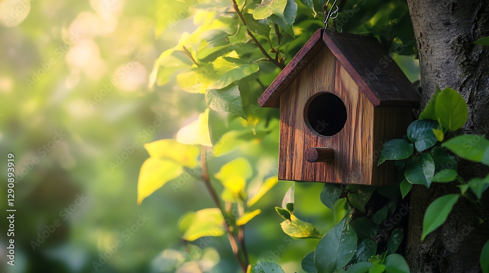 A Small Wooden Birdhouse Hanging on a Tree with a Transparent Background A Small Wooden Birdhouse Hanging on a Tree with a Transparent Background