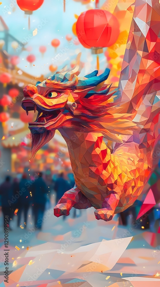Obraz premium Colorful Low Poly Dragon Lantern Floating in Chinese New Year Festival