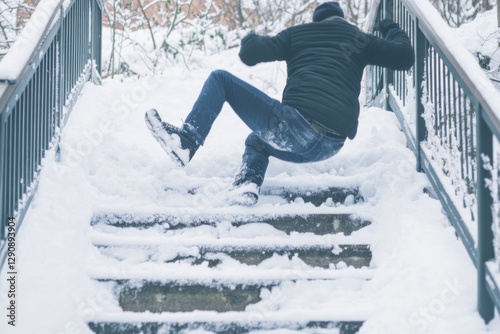A person struggles to maintain balance on a steep set of snow-covered stairs, showing the challenges of winter weather in a suburban neighborhood. Generative AI