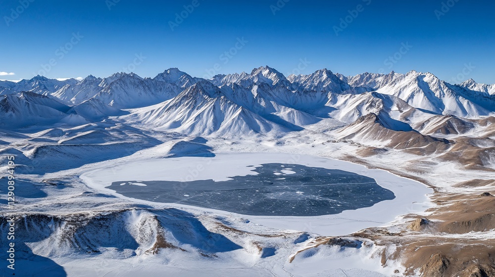 Frozen lake surrounded by snow-capped mountains under a clear blue sky. Frozen lake surrounded by snow-capped mountains under a clear blue sky.