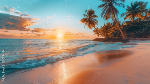 A peaceful beach at sunset, with silhouetted palm trees and the sun setting just above the horizon, casting a warm glow across the sand.