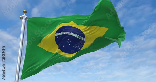 Brazil flag with flagpole waving in wind, rolling clouds background looping, 4K video (Perfect Loop)