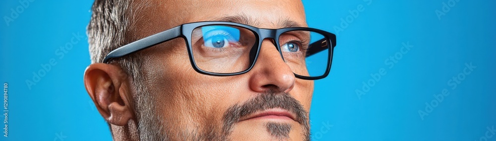 Professional headshot featuring an elegant man with glasses and a tidy haircut, showcasing a fresh and modern style Sharp focus captures the details of his face against a vibrant blue background