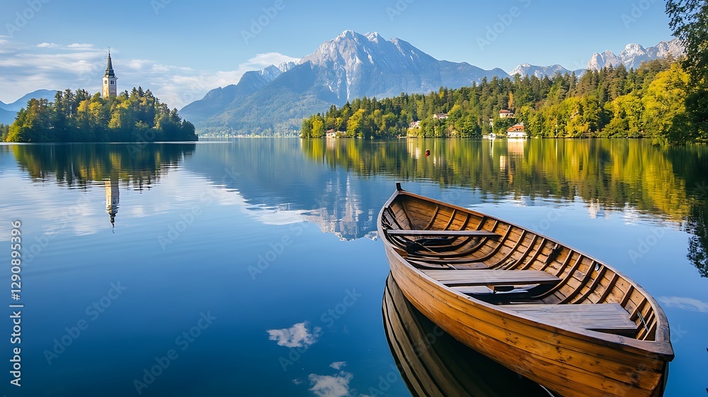 Naklejka premium Wooden Boat Docked on a Calm Lake – Serene Waters and Tranquil Nature Setting