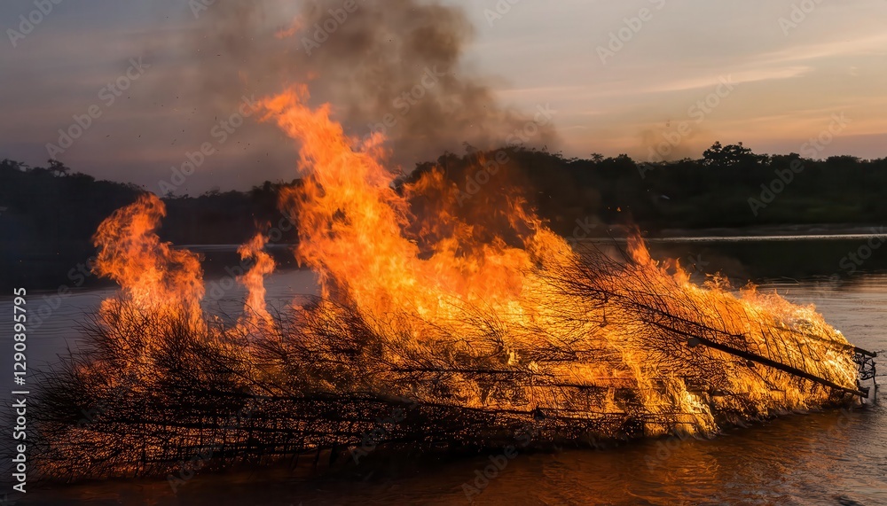 Fototapeta premium Burning driftwood lights up the riverbank as flames flicker in the evening light