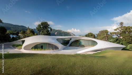 Innovative parametric architectural installation showcasing organic shapes and modern design within a lush natural landscape
