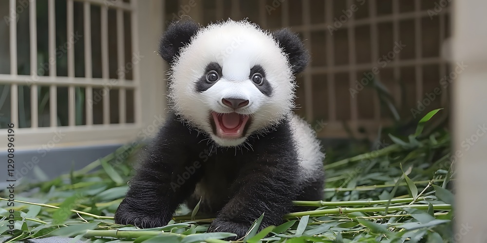 Naklejka premium Playful baby panda bear cuddling with its mother in a verdant bamboo grove filled with soft green leaves
