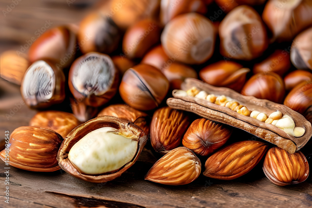 hazelnuts on a wooden background